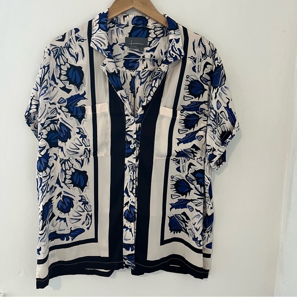 Anthropologie Tops - Anthropologie Blue and Cream Short Sleeve Button-Down Surf Top